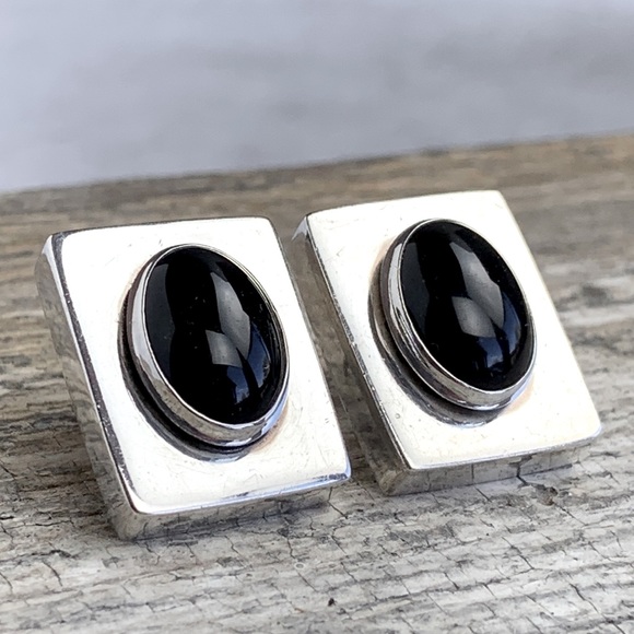 Vintage 1990s Handmade Modernist Geo Chunky Sterling Silver Black Stone Earrings - Picture 1 of 9